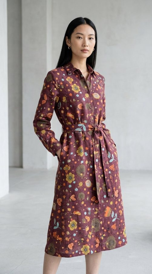 Cotton Linen Print Midi shirt dress on model