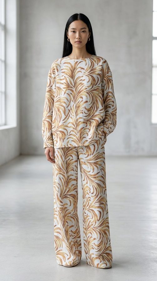 Cotton Slub Print Blouse and trouser set on model