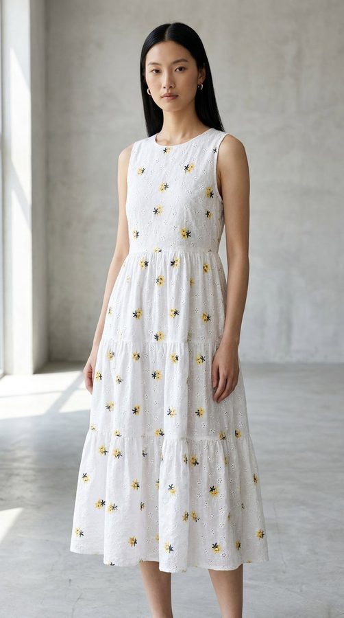 Double Embroidery Tiered midi dress on model