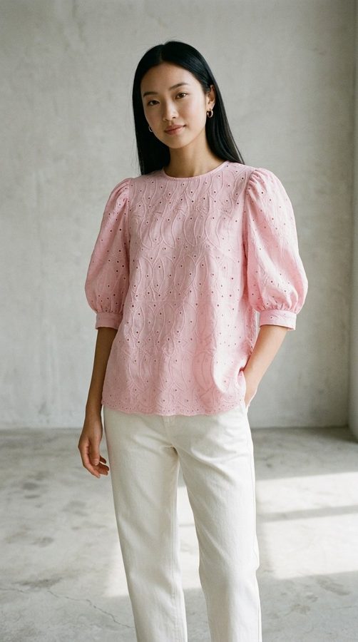 Eyelet Knit Puff-sleeve blouse on model