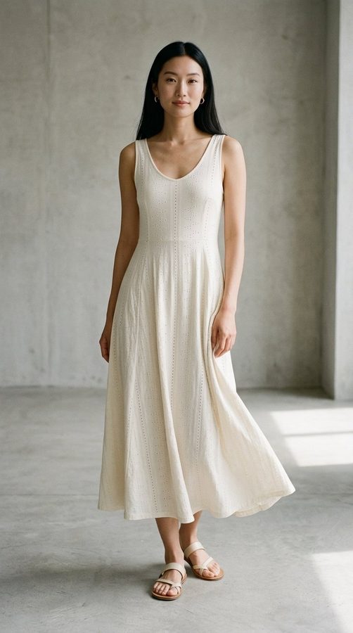 Eyelet Knit Sleeveless sundress on model