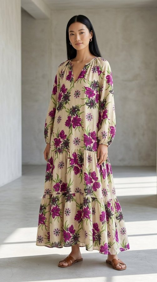 Indonesian Linen Blend Resort maxi dress on model