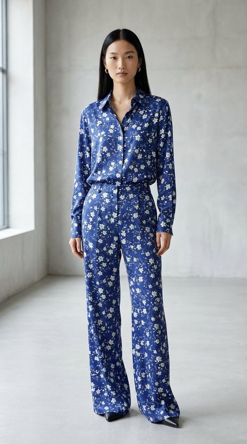 Japan Silk Print Blouse and trouser set on model