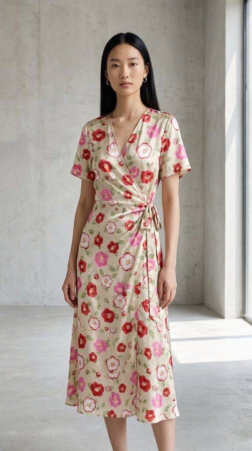 Japan Silk Print Wrap midi dress on model