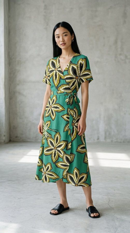 Korean Cotton Wrap midi dress on model