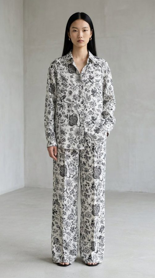 Linen Poland Shirt and trouser set on model