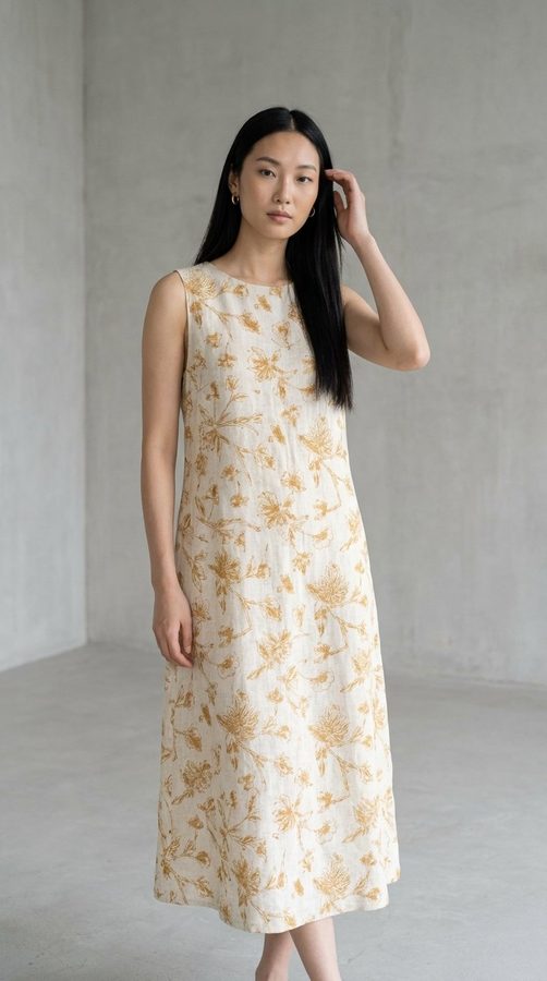 Linen Poland Linen midi dress on model