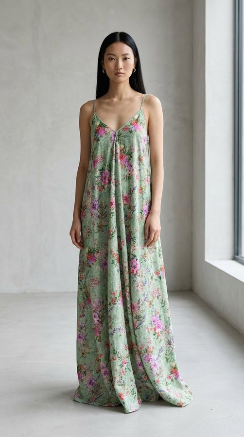 Linen Slub Digital Print Resort maxi dress on model