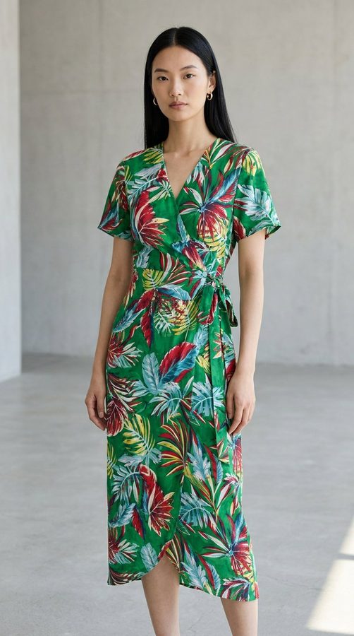 Mai Italy Print Wrap midi dress on model