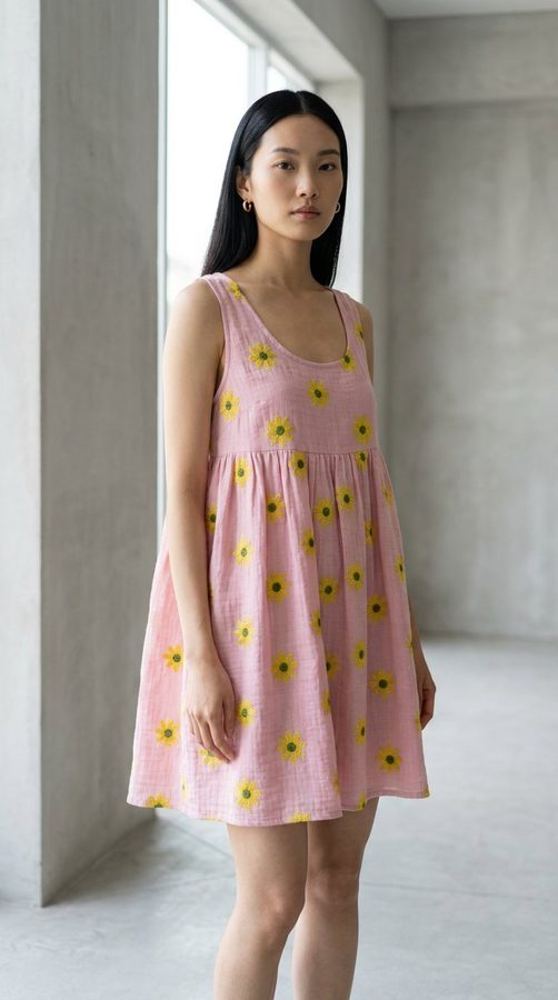 Slub Muslin Embroidered Babydoll dress on model