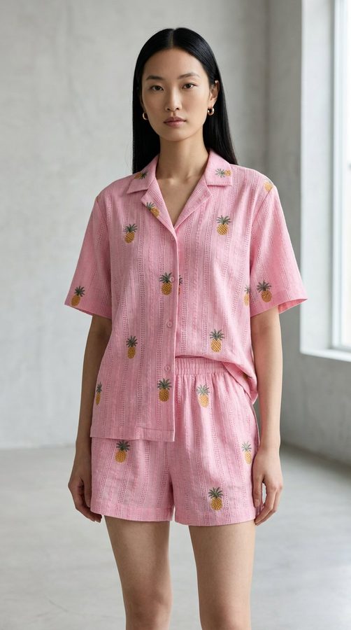 Striped Embroidered Shirt and shorts set on model