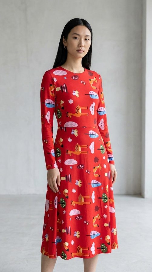 Super Spun Print Long-sleeve midi dress on model