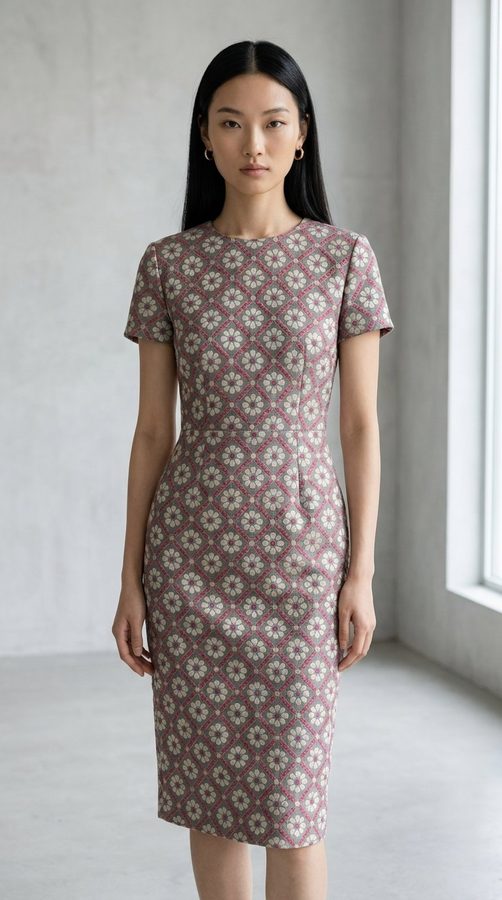 Thai Jacquard Structured sheath dress on model
